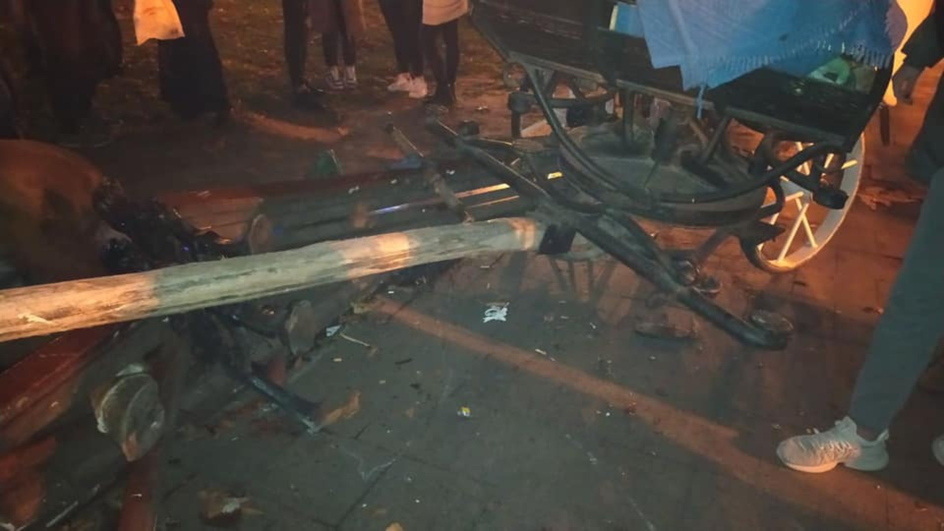 У центрі Львова карета на пішохідній зоні знесла лавку: один кінь ледве дихає. Фото Варта-1