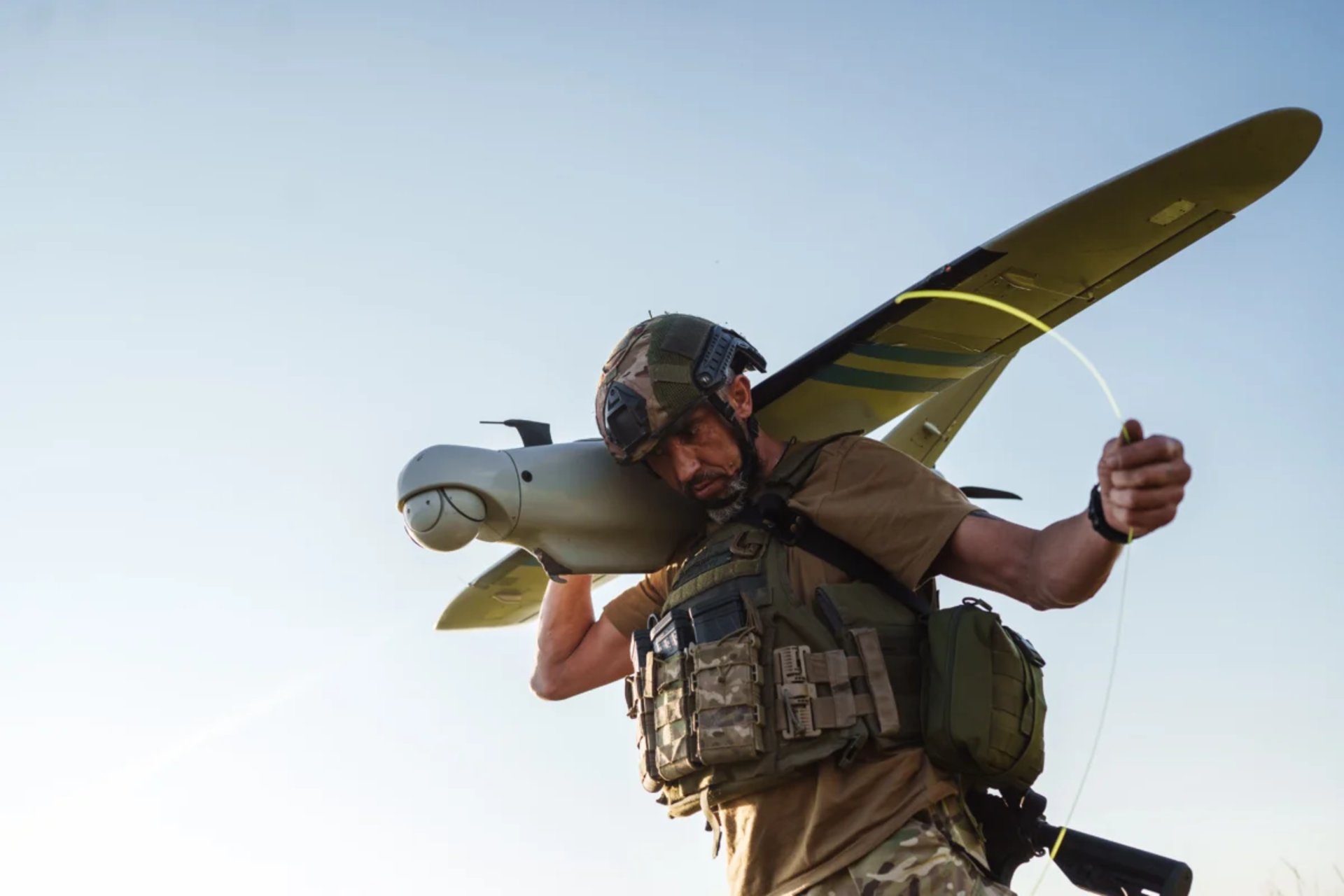 Soldiers from the Khartia Brigade of Ukraine’s National Guard launch a Ukrainian-made Leleka reconnaissance drone to locate Russian positions and adjust Ukrainian artillery fire on July 20, 2025, in Kharkiv region, Ukraine.