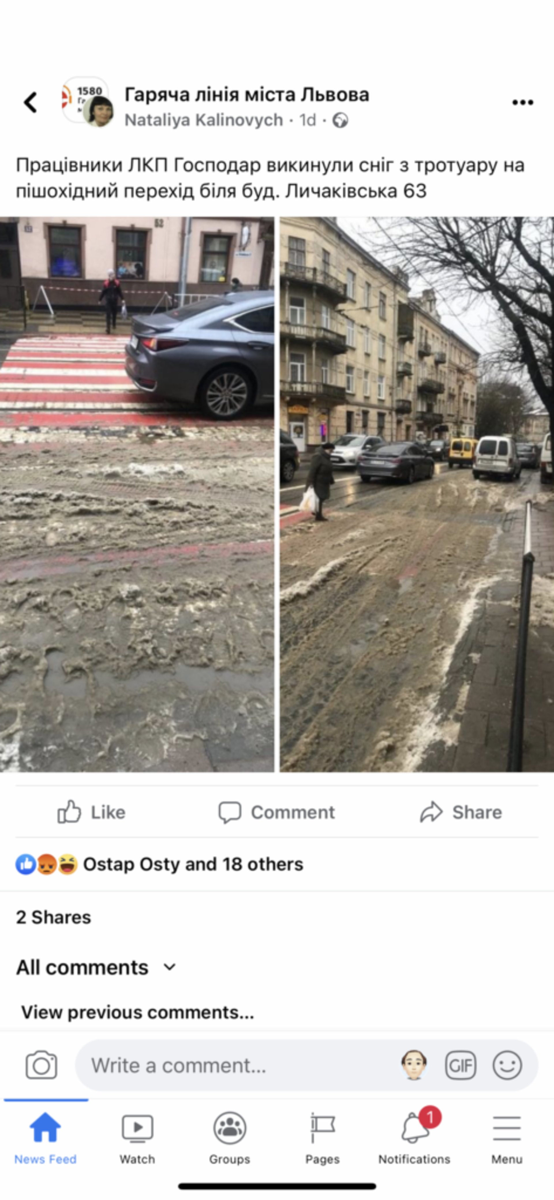 У Львові сніг із тротуарів викинули на пішохідний перехід, скрін повідомлення