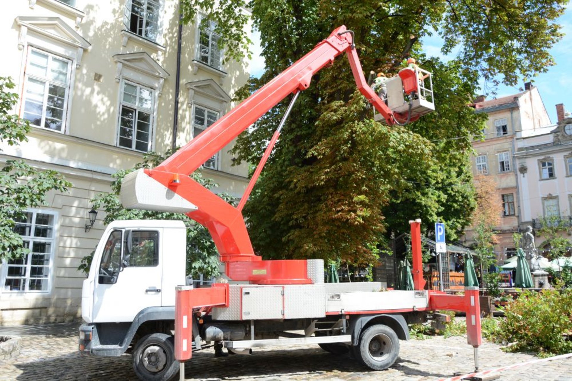 У Львові на площі Ринок зрізали напівсуху липу та аварійні гілки каштана, фото ЛМР