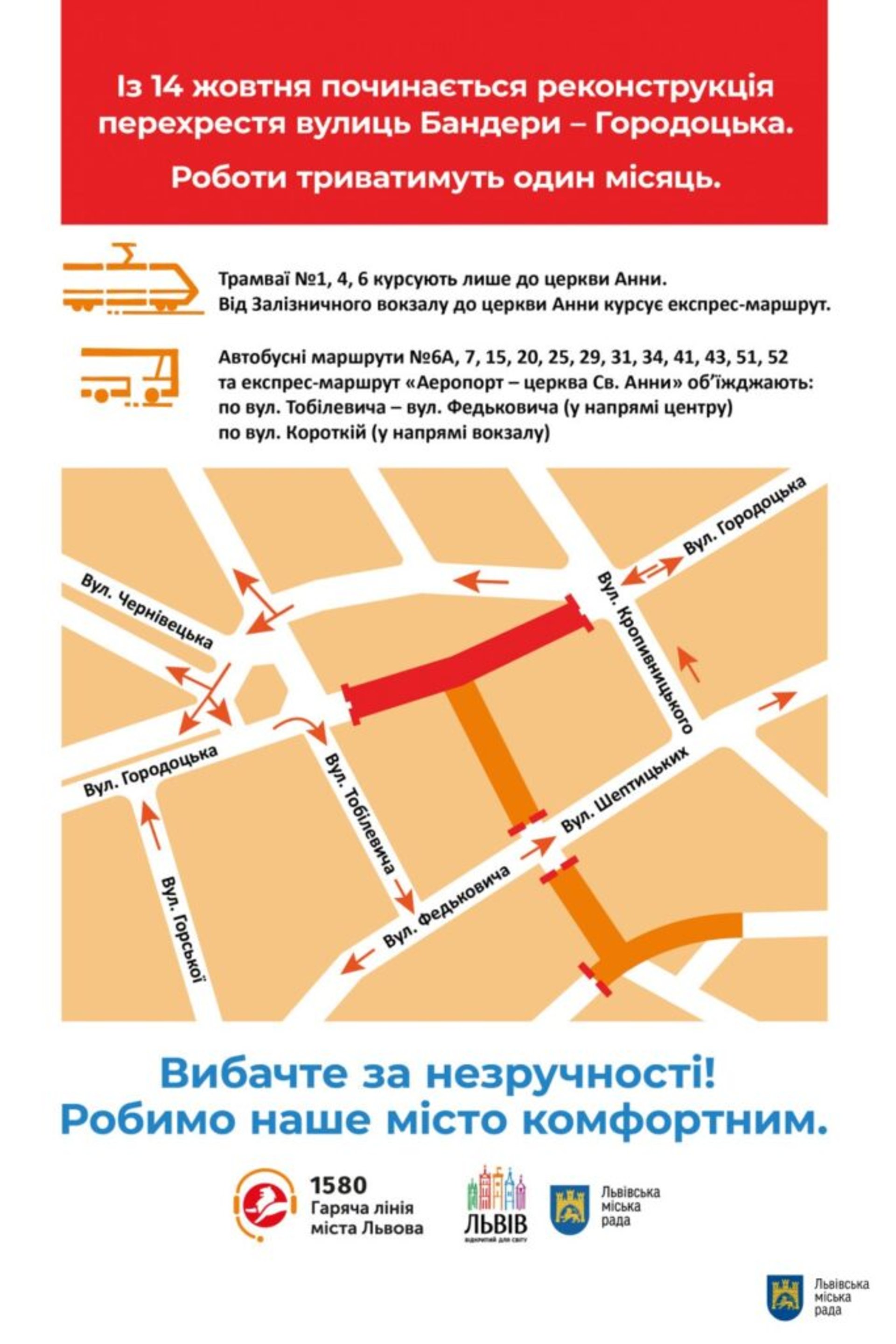 У Львові з 14 жовтня для руху закривають для руху перехрестя Степана Бандери - Городоцька