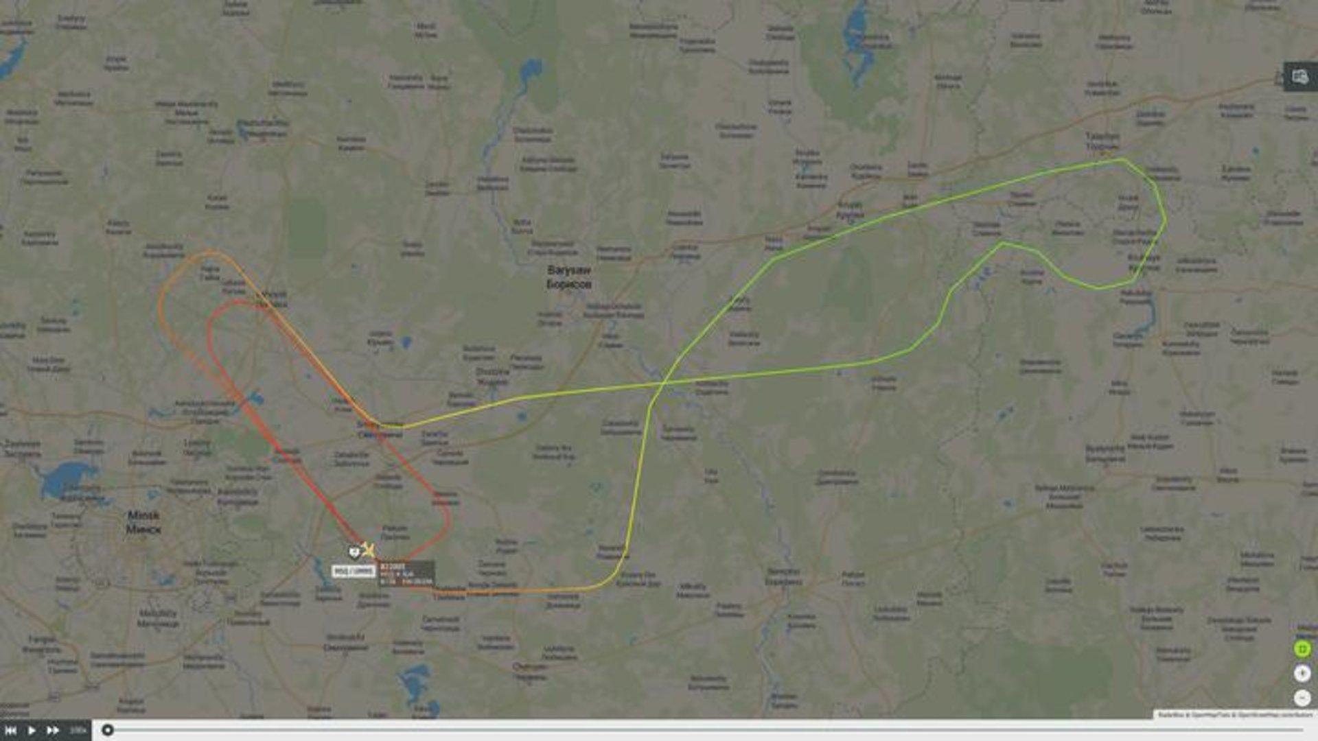 Траєкторія польоту літака після другої петлі. Скріншот з сайту Flightradar