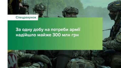За добу для потреб української армії надійшло майже 300 млн грн